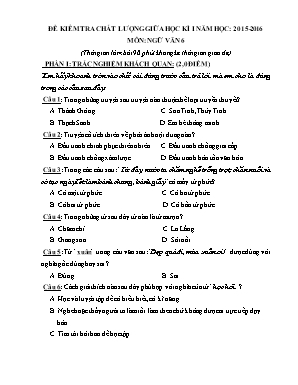 Đề kiểm tra chất lượng giữa học kì I môn Ngữ văn - Năm học 2015-2016